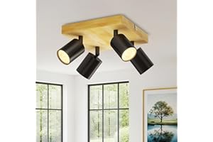 LVWIT Plafonnier 4 Spots LED GU10, Luminaires Intérieur Noir, Plafonnier Bois avec Base Carré, Spot de Plafond, Lustre Led Salon, Applique Murale Chambre(Sans Ampoules)