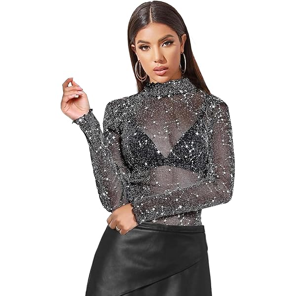 Top à Paillettes Noir Transparent Pour Femme | Haut En Tulle à Manches Longues | Soirée, Club, Carnaval | Taille Unique