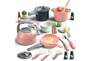 TERRIFI Toddler Pretend Cooking Playset, Play Kitchen Toys Set with Pans, Utensils, Cookware, Canned Vegetables, Suitable for Gift for Girls Boys (Pink, 32Pcs)