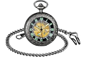 SUPBRO orologio da tasca retrò, vintag, color bronzo con catena, da uomo e ragazzo, catenina con ciondolo con lente d'ingrandimento