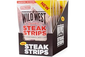 Wild West Steak Strips, 16 x 25 g Original, carne seca altamente proteica, snack proteico Beef Jerky, cecina de vaca