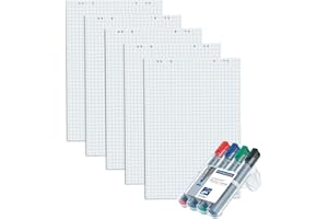 FAXLAND 5x Flipchartblöcke, je Block 20 Blatt 69x99 cm, 6 fach Lochung, perforiert [ kariert ] + 4er Marker