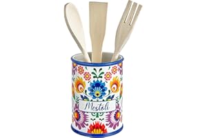 Baroni Home Portamestoli Decorato in Ceramica con Mestoli Inclusi, Accessorio da Cucina Colorato Resistente, Linea Flora, 11x11x25 cm