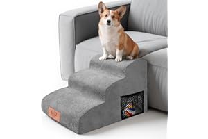 MASTERTOP Escaliers pour Chiens à 3 Marches en Mousse Haute Densité, Échelle Large pour Animaux de Compagnie, Escaliers Chien Antidérapant avec Housse Amovible pour Monter Canapé et Lit (Gris)