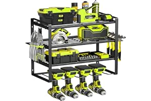 4 nivåer för verktygsförvaring med väggfäste, verktygsorganisatör för garage med 4 bithållare för trådlösa verktyg, 50 x 20 x 45,5 cm