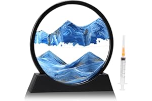 DBREAKS Peinture de sable rotative 3D, decoratif 3D cadre sable mouvant, cadre sablier en verre rond, peinture de sable dynamique, décoration de table de pour les adultes et les enfants,Bleu / 7"