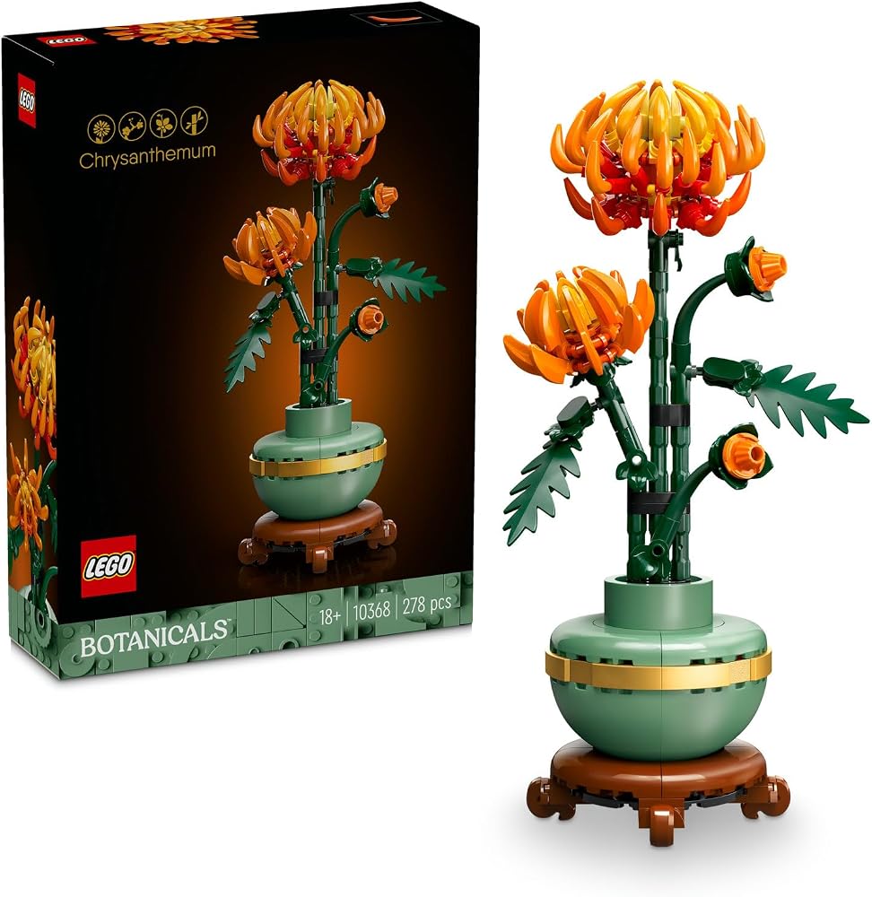 LEGO Botanicals Krizantem 10368 | Yetişkinler için Altın Şeritli Kaide ile Yeşil Saksı İçeren Dekoratif Model Yapım Seti, Sevgililer Günü Hediyesi (278 Parça)