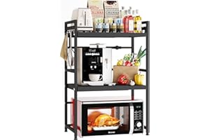 Mointal Soporte Expandible para Microondas, Estantería 3 Niveles para Microondas de Cocina, Estantería Acero al Carbono para Microondas de Encimera, Organizador Almacenaje Cocina con 8 Ganchos, Negro