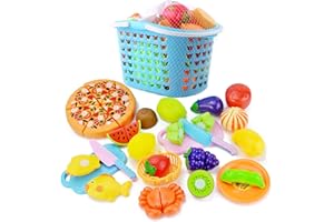 NIWWIN Play Food Fruit Toy, 27 Pieces Kitchen Games, Fake Role Player Games, Kitchen Fruit and Vegetable Cutting Toy, Pretend Play Preschool Education Toy, Child Gift (Blue)