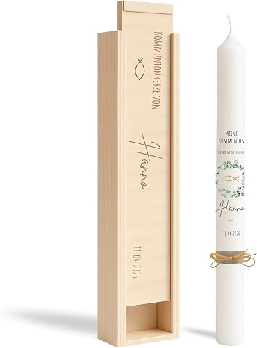 VILLA ROSA LOTTA Personalised "Hanno" Communion Candle with Desired Dates, Back and Wooden Box, Eucalyptus Wreath and Saying, 40 cm x 4 cm, for Boys and Girls, Ivory Altar Candle