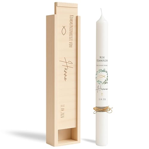 VILLA ROSA LOTTA Personalised "Hanno" Communion Candle with Desired Dates, Back and Wooden Box, Eucalyptus Wreath and Saying, 40 cm x 4 cm, for Boys and Girls, Ivory Altar Candle