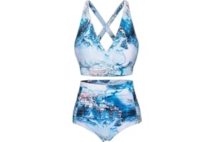 Svanco Women's Two Piece Swimsuits Criss Cross Top Bikini High Waisted Bottom Ruched Tummy Control Swimwear Push Up Bikini Set S-XXL