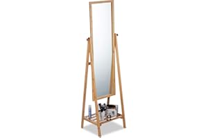 Relaxdays Bamboo Free-Standing Mirror, Swivel-Mounted, Bedroom Mirror with Drawer, HWD: 160x40x36 cm, Natural