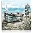 Dazzlewall Coastal Wall Decor Poster Seagull Nautical Boat on Beach, Rustic Blue Ocean Wall Poster for Bathroom Living Room Decor 16x16 in Unframed