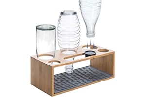 Wemk Uchwyt na butelki, szklane butelki z silikonową matą ociekową i uchwytem na pokrywkę, bambusowy stojak na 3 butelki – nadaje się do wielu rodzajów butelek