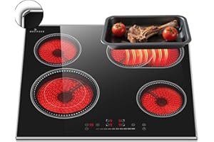 Glaskeramikkochfeld 4 Platten mit Rahmen, DELITEER Kochfeld Autark, mit Ovaler und Doppelter Zone, Schieberegler Touch, Sicherheitsschloss, Metallrahmen Schutzglas, Kein Stecker, 6600W, 230V