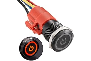 APIELE 19MM Verriegelung Druckschalter 12VDC 5A, Aluminiumlegierung mit LED Power Symbol wasserdicht Latch Drucktastenschalter, Auto RV LKW Boot EIN/AUS Taste Schalter (Schwarz Schale/Rot)