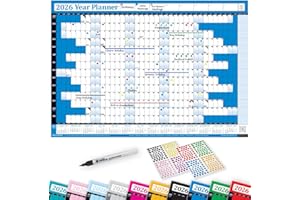 PlannerHead 2026 Laminated Wall Planner/Yearly Calendar 2026 UK & Ireland with Bank Holidays/Dry Wipe Pen & 400 Stickers / 2027 Footnote/Blue Large (49x70cm)