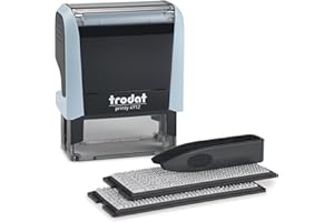 Trodat Printy 4912 - Set di timbri in colore blu pastello, 4 righe di testo, impronta 47 x 18 mm, con pinzette, tampone nero e set di lettere e numeri in due misure