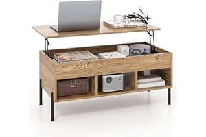 COSTWAY Lift Up Top Coffee Table, Wooden Lifting Cocktail Center Table with Hidden Storage Compartment, Open Shelf and Metal Legs, Rectangle Accent Sofa Side Tea Tables for Living Room (Natural)