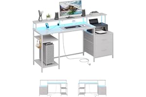 KIMENICH Mesa para Ordenador, Escritorio, Mesa Gamer con LED y Enchufe, Mesa Oficina con Estante para Impresora y Soporte para Monitor, 2 Cajones, 2 Ganchos, Estantes Ajustables, 160 cm, Blanco