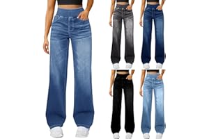 GENERIC Wide Leg Jeans For Women Uk High Waist Stretch Jeans For Women Plus Size Ladies Pull On Trousers Lightweight Loose Lounge Pants With Pockets Casual Palazzo Trousers Comfy Denim Pants For Everyday Wear