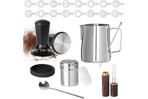 BUCOMTU Juego de Prensador de Café de 51 mm, Accesorios para Prensar 23 PCS con Jarra de Leche de Acero Inoxidable de 350 ml y Agitador de Café, 16 Plantillas de Café, Lápiz para Arte Latte, Kit de Barista