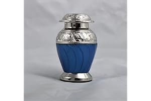 URNSWITHLOVE Small Keepsake Urn for Human & Pet Ashes – 3" Memorial Container With Velvet Presentation Gift Box - Capacity 7 Teaspoons - Handcrafted in Metal Aluminium Brass (Blue And Silver)