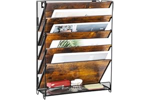 TQVAI 6 Compartimentos Metal Madera Revistero Pared Documentos Organizador Papeles A4 Colgante Oficina Archivador de Organizador Herramientas Pared, Negro/Antiguo