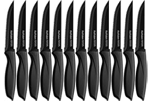 Coltelli a Punta per Bistecca e Carne,Ruffulon Set di 12 Coltelli da Bistecca in Acciaio Inox,Affilati e Seghettati,Set di Coltelli da Cucina Professionali,Impugnatura Robusta,Neri Set Coltello Cucina