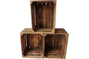 TERAMICO Lot de 3 caisses à vin en bois flammé - 50 x 40 x 30 cm : Cagettes à fruits vintage vintage - Pour la fabrication de meubles - 50 x 40 x 30 cm