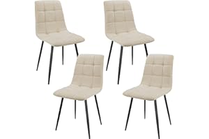 JIJIAN Set di 4 Sedie da Pranzo, Sedie Imbottite con Tessuto di Lino e Gambe in Metallo Nero, Design a Scacchi, per Sala da Pranzo, Soggiorno, Camera da Letto, Cucina, Soggiorno, Reception, Beige