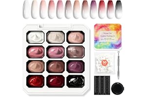 Shining She Halvpermanenta emaljer, 12 färger palett gel Ombre naglar | Gradient fransk naken rosa rouge, metallklämma, 50 nagelsvamp, fransk manikyrklistermärken, blandningspalett