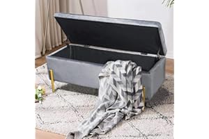 BAKAJI Cassapanca Pouf Contenitore Poggiapiedi Camera da Letto Panca Sgabello Struttura in Legno Rivestimento in Tessuto Velluto Seduta Apribile Imbottita Piedini Dorati (Grigio)