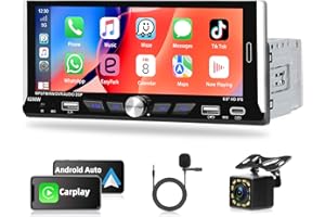 Autorradio de Coche Motorsi de un 1 DIN con Carplay Android Auto,Pantalla Táctil IPS de 6,9", Bluetooth, Retroiluminación Colorida,Ecualizador,FM,RDS,Puertos USB y Tipo C+Cámara de Marcha Atrás