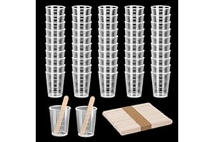 NLONLL 50 Pièces Verre Doseur Plastique Doseur Cuisine 50ml Gobelets Doseurs Transparent Tasses à Mesurer Graduée Tasses avec 50 Bâtonnets en Bois pour Résine Époxy Moules Coulée Laboratoire