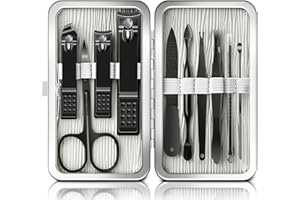 BLESWIN Zestaw do Manicure 10 w 1, Profesjonalny Zestaw do Pedicure, Zestaw do Manicure dla Kobiet Mężczyzn, Czarne Narzędzia do Manicure ze Skórzanym Etui Podróżnym, Zestaw do Manicure dla Przyjaciół