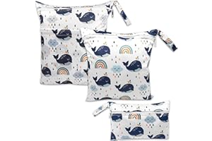 ABirdon Pack of 3 Wetbag Nursery Wet Bag Nappy Bags Zip Waterproof Washable Wetbag Organiser for Toddler Nappies Travel Gym Beach Pool, electric rainbow whale, travel bag
