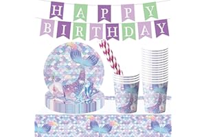 Lunriwis 50Pcs Meerjungfrau Partygeschirr Set, Meerjungfrau Geburtstag Deko, Meerjungfrau Geburtstag Dekoration Geschirr, Meerjungfrau Partyzubehör für Mädchen Geburtstag,für 16 Personen