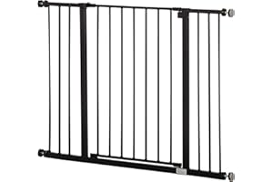 PawHut Barrera de Seguridad Extensible Puertas y Escaleras Metálica para Perros y Bebé Barrera Puertas Mascota 2 Extensiones 15/10 cm, 76-107x76 cm Negro