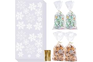 SCLLNDA 100 Pezzi Sacchetti Trasparenti Natalizi per Biscotti e Caramelle,Sacchetti per Biscotti con Fiocchi di Neve,Sacchetti di Cellophan Trasparente di Natale con 100 Pezzi Twist Tie,Bianco