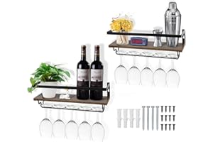Aolawco 2 Pcs Wall Mounted Wine Rack with Stemware Hanger, Wine Glass Holder Floating Bar Shelves for Kitchen Dining Room 15.7 * 4.3 * 5.7 in (Black) (Patented Design)