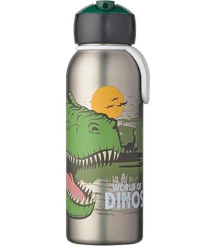 Personalisierte Kinder Trinkflasche Aus Edelstahl Mit Dino-Motiv & Gravur - 350 Ml, Mit Bambusdeckel, Plastikfrei Für Kindergarten & Schule