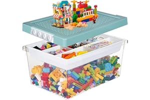 Duscdesp Aufbewahrungsboxen mit Deckel für Bausteine, Spielzeugkiste mit Abnehmbares Tablett und Bauplatte, Sortierboxen für Kleinteile Kunststoff Aufbewahrungsbox für Spielzeug, Handwerk (Cyan)