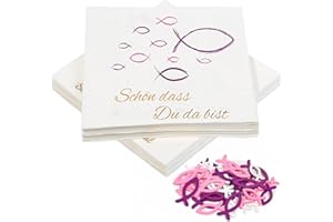 COMKRIVY 40 Stück Rosa Fisch Servietten und 45 Stück Holz Fische Deko, Schön, dass du da bist!', Fisch Tischdeko für Taufe, Kommunion, Konfirmation oder Andere festliche Anlässe, 33 x 33cm