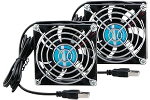 Rowiz 2pcs DC 5V 80mm (8cm) Case Fan with Metal Finger Guard, Silent Cooler USB Connected Cooling Fan for Router PC CPU TV Box, 80×80×25mm
