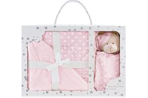 various Baby filt set med Doudou Beary, rosa | Filt 80 x 110 cm i polyester sammet + bifogad plysch 28 x 17 cm, mjuk känsla, present till nyfödd och barn.