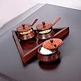 Creation India Craft Wooden Serving Jar Set with Spoon & Tray, Condiment Jars, Mouthfreshner Jars (Three Handi Sheesham Wood (Triangular Tray))