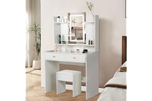 Guanglai Vanity Desk with Mirror & Light, Makeup Table with Storage Drawers and Stool, Multiple Shelves, Vanity for Bedroom, Makeup Room, White
