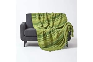 Homescapes Duży koc dzienny Morocco, zielony, na sofę ze 100% bawełny, miękki koc 225 x 255 cm, zielone paski, z frędzlami